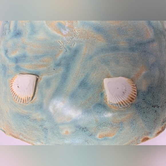 Coastal Ceramic Art Piece Plate in Teal and Tan Stamped Starfish & Sea Shells - Picture 8 of 11